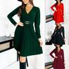 Women's Casual Long Sleeve V Neck Pleated Color Dress Pleated Dress