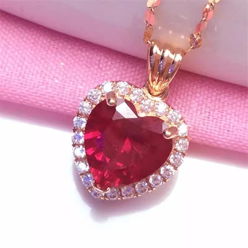 Exquisite Russian Purple Gold Red Stone Zircon Pendant Inlaid With Peach Heart Egg Surface Necklace Plated Rose Gold Color Gold Collarbone Chain (single pendant)