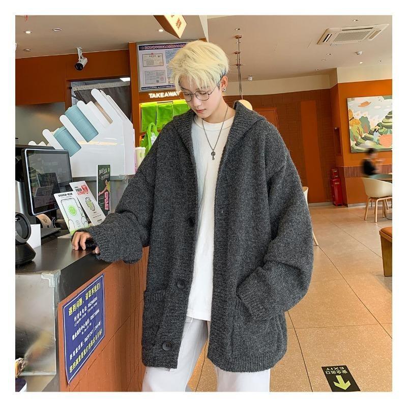 Dark Gray Cardigan Men's Autumn Winter New Lazy Style Loose Casual Simple Sweater Jacket