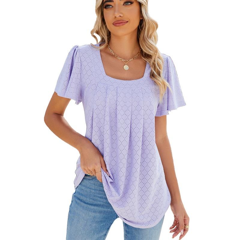 Spring Summer Solid Color Square Neck Pleated Short Sleeved Loose T-shirt Top for Women Shirt