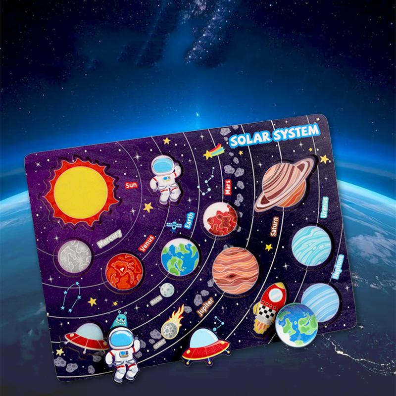 Holz Kinder Weltraum Planeten Puzzle Sonnensystem Planeten Spielzeug Planeten Zuordnungsspiel Puzzleschale Universum Wissenschaft Lernspielzeug