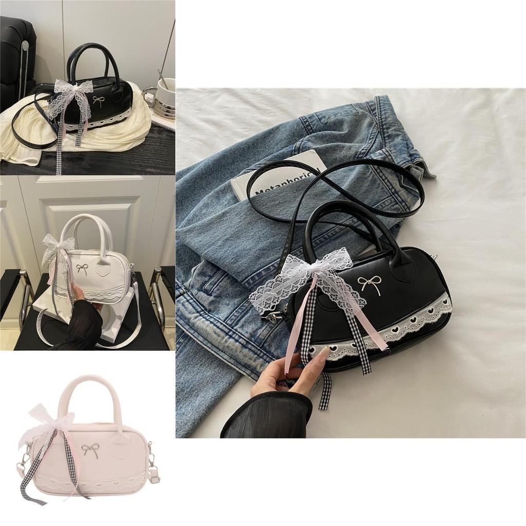 Simple Solid Color Silver Bow And Lace Decoration Women Casual Shoulder Bag For Daily Use