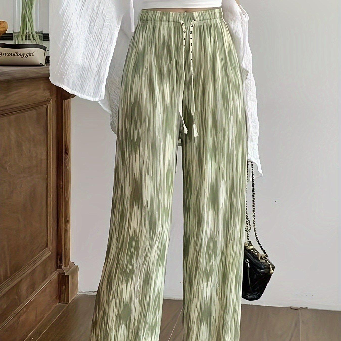 

Женские винтажные широкие брюки с принтом тай-дай, свободные повседневные брюки из ледяного шелка для похудения, удобные длинные спортивные брюки для отдыха, элегантный стиль XL зелёный