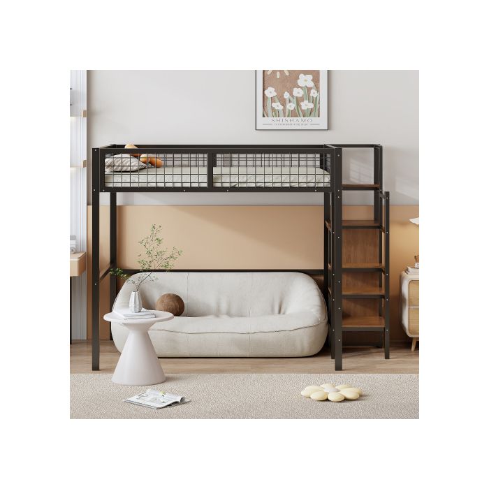 Lit mezzanine - MUVOE - 140x200 cm - Métal - Échelle de sécurité - Rangement intégré