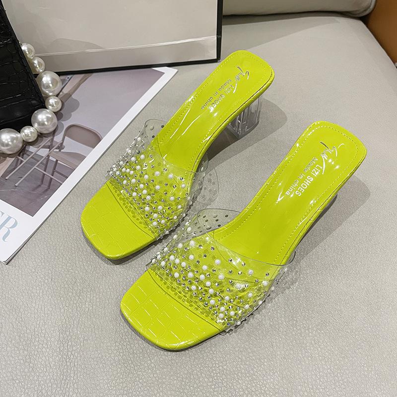Slippers female transparent semi-drag summer 2025 new crystal thick heel outer wear high heels open-toed rhinestone one-word drag