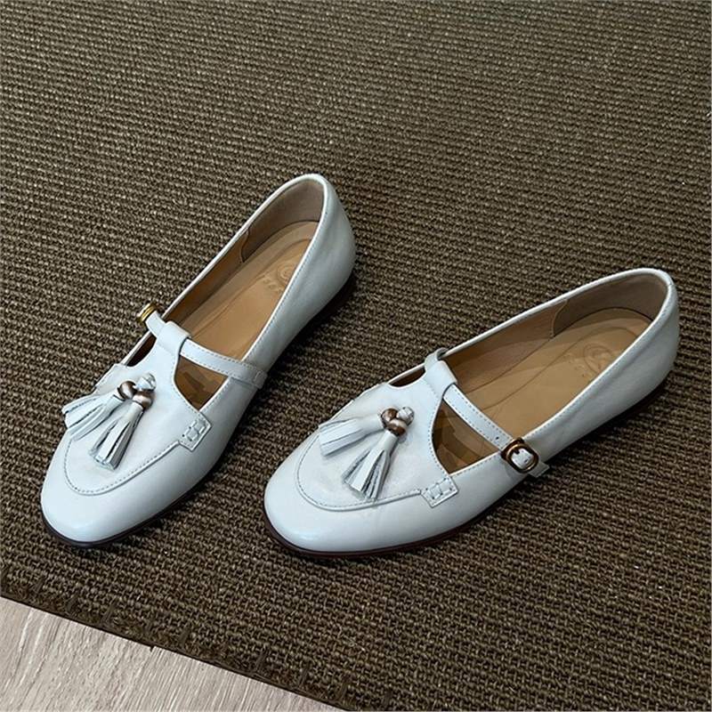 Cowhide Version~ Retro Tassel One-word Buckle Low-heeled Mary Jane Small Leather Shoes Women's Shallow Mouth Shoes Round Head Flat-soled Single Shoes