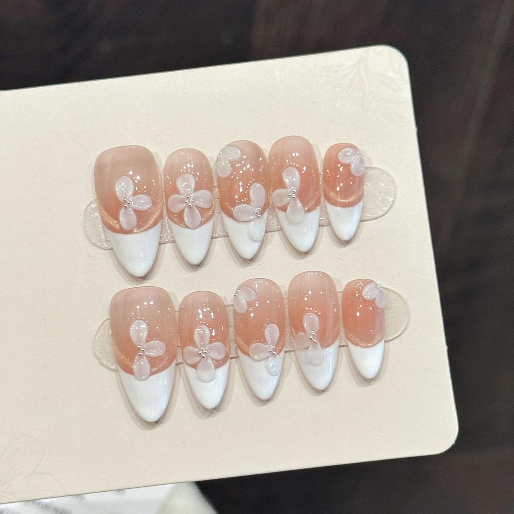 10pcs Korean Style Almond Handmade False Nails Pure White 3D Carving Flower Press On Nails Gentle French Tips Wearable Fake Nail