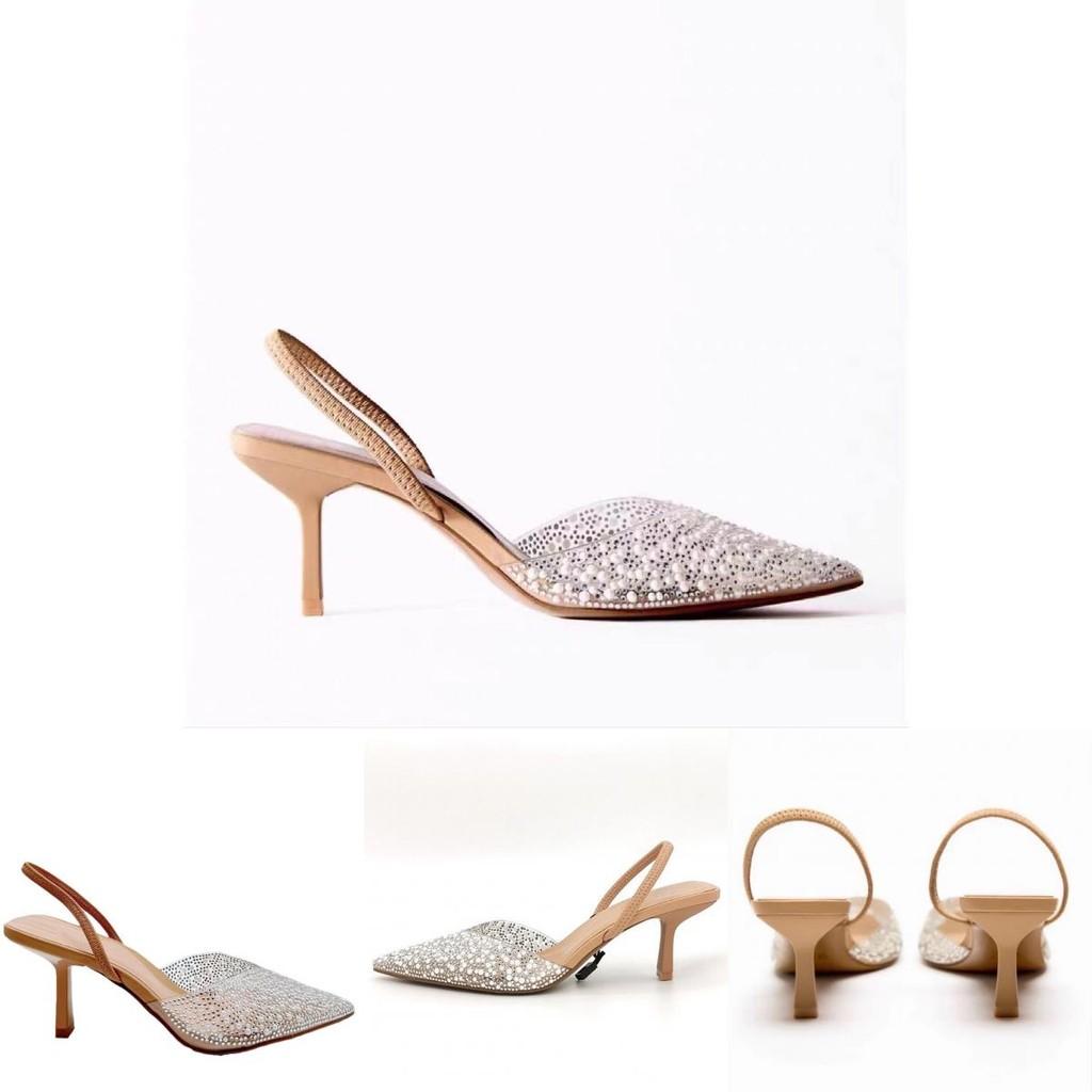 Open Toe High Heel Shoes With Pearl Details For Daily Use