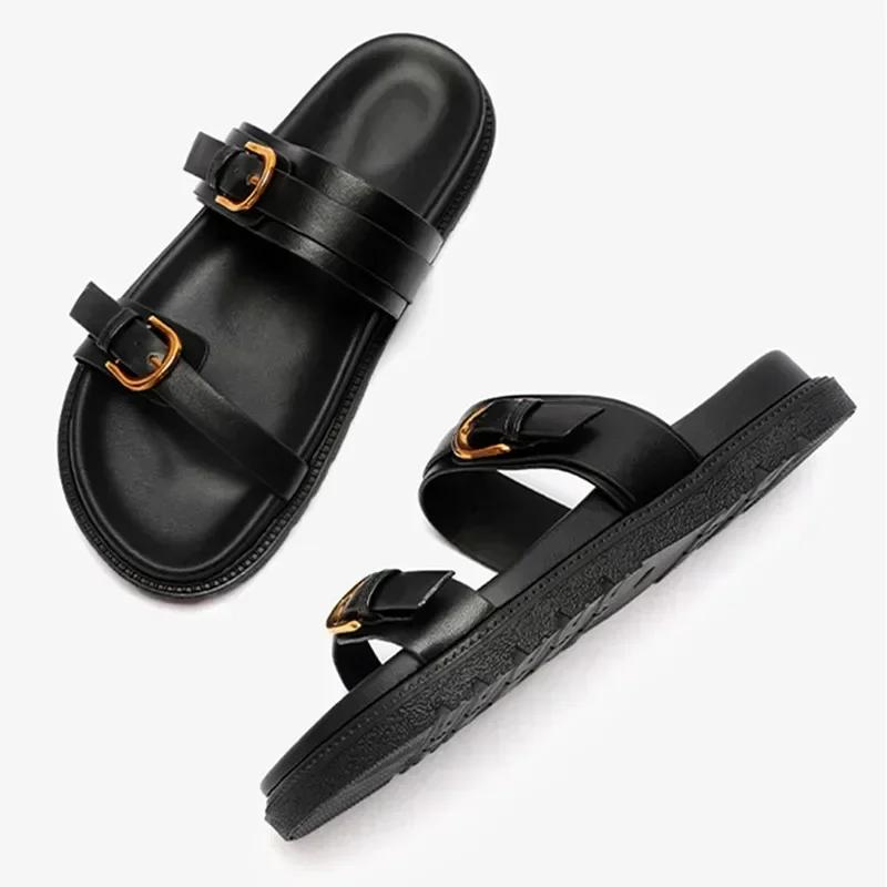 Luxury Platform Slippers for Women Summer High Quality Soft Leather Metal Buckle Slide Sandals Beach Flat Shoes
