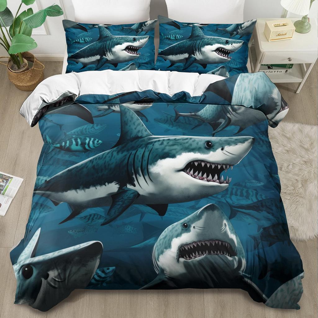 Quilt Cover Set 2/3pcs Bedding Set Deep Sea Shark Printed Duvet Cover Set King Queen Style Bedding Set Polyester