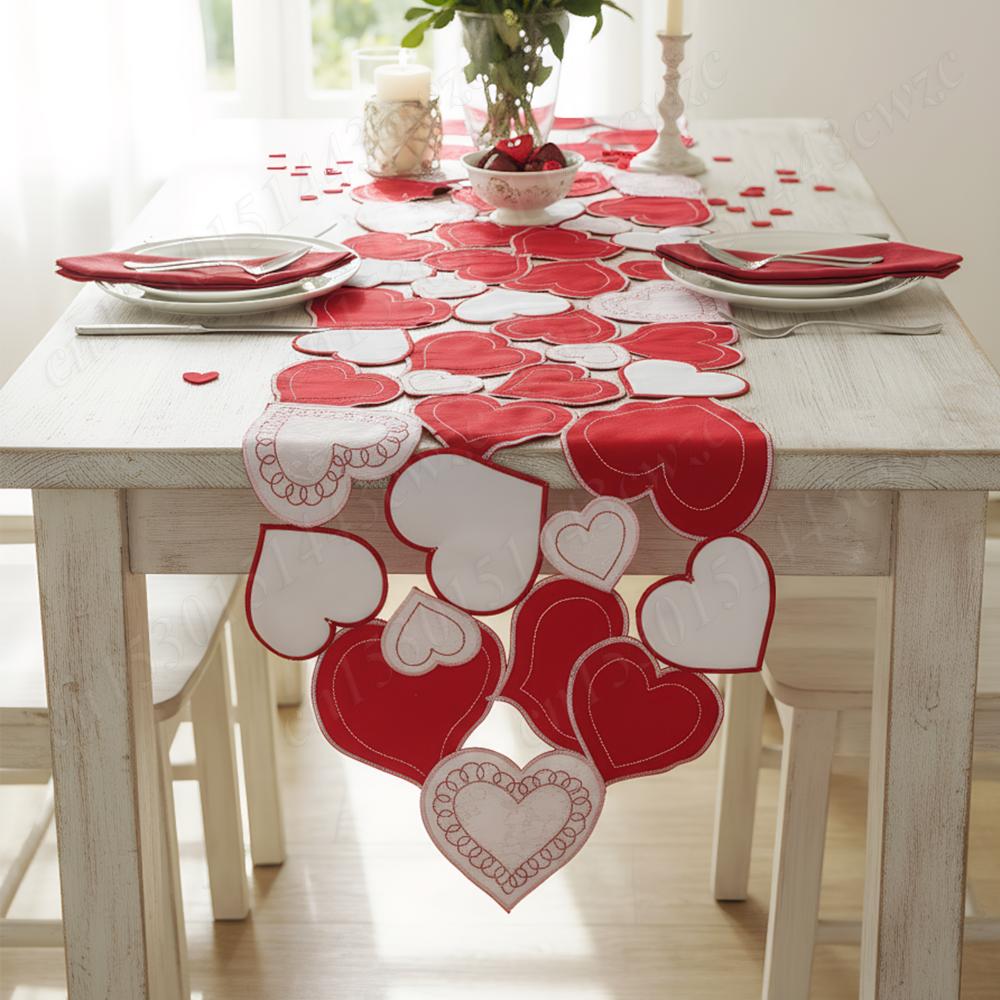 38x176cm Embroidered Valentines Day Tablecloth Reusable Love Heart Pattern Table Runners For Wedding Anniversary Romantic Events