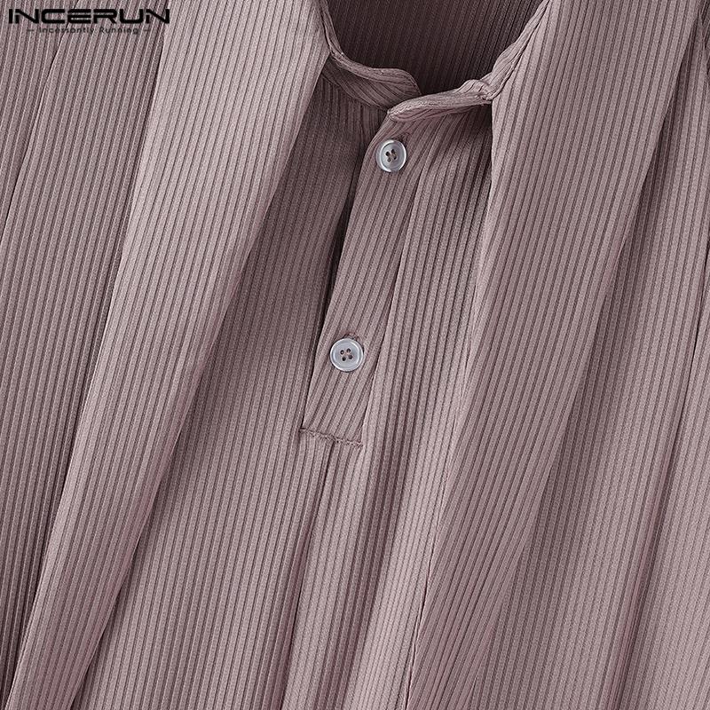 INCERUN Men Lapel Neck Long Sleeve Button Rib Texture Casual Tops T-shirts