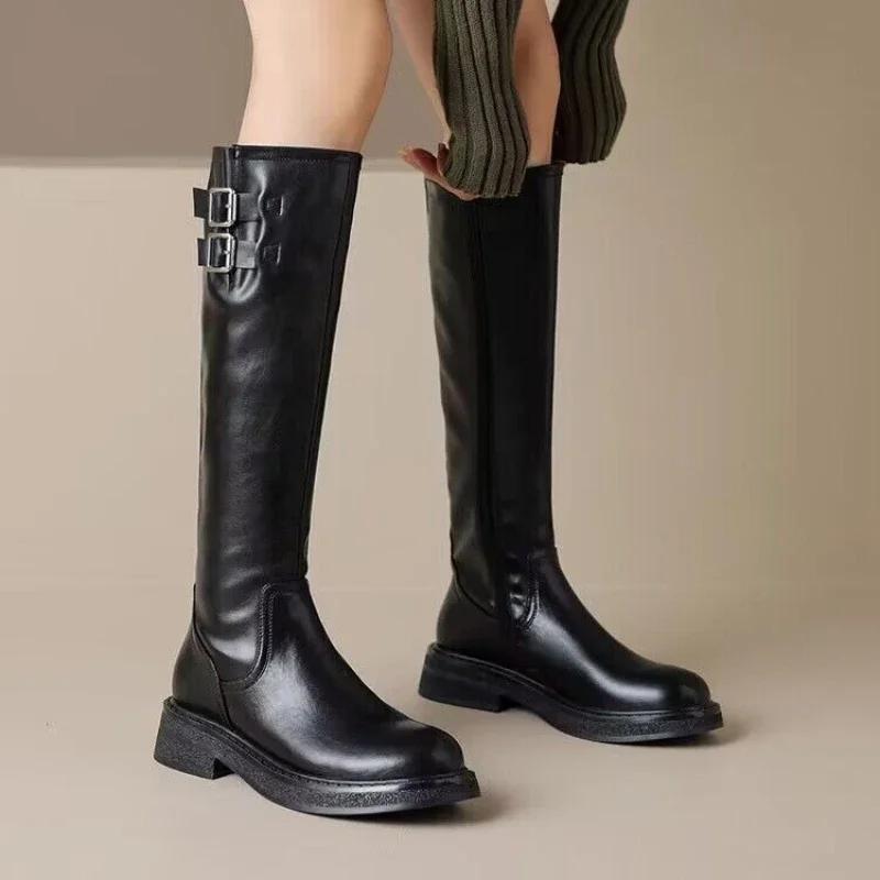 

Сапоги из искусственной кожи до колена, горячая распродажа 2024 года, туфли на квадратном каблуке, женские зимние сапоги на молнии с круглым носком, однотонные женские сапоги большого размера