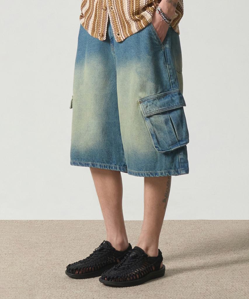 Dimiteulibeullaeg Bio-Washed Cargo Bermuda Denim Pants_Indigo