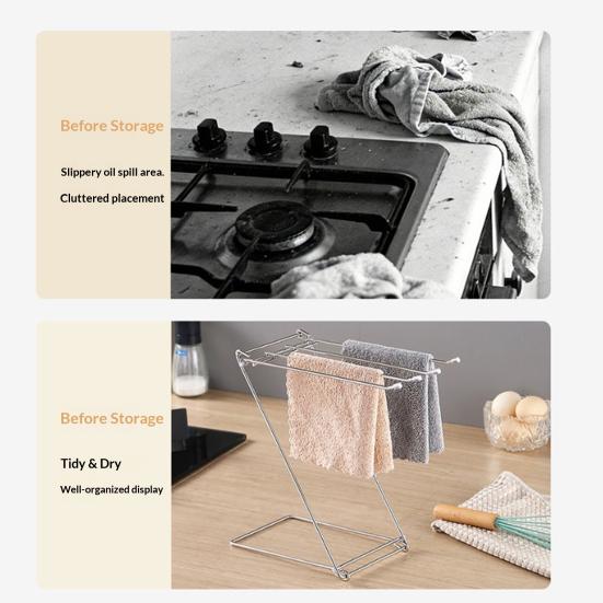 Kitchen Towel Holder Stainless Steel Dish Rag Washcloth Holder 4-Arm Folding Free Standing Hand Towel Drying Rack for Kitchen Countertop Bathroom