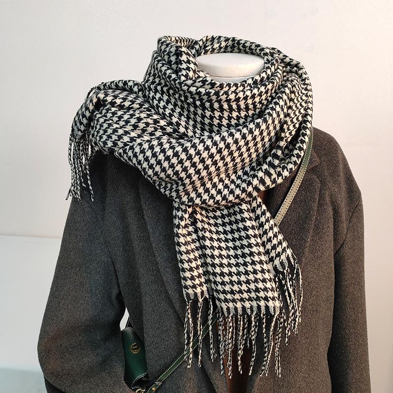 Houndstooth Scarf for Women Winter New Black and White Tassel Korean Version Versatile Warm Student High End Scarf