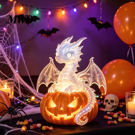 Cute Ghost And Cat Night Lights Halloween Pumpkin Light, Resin LED Dragon Tabletop Lamp, Witch Festive Ornaments Hat Black Crow Lamp for Home