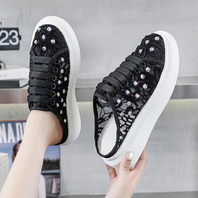 Plateau-Schnür-Strass-Baotou-Halbhausschuhe Damen Sommer Neu Atmungsaktiv Lässig Sportliche Kleine Weiße Board-Schuh-Hausschuhe