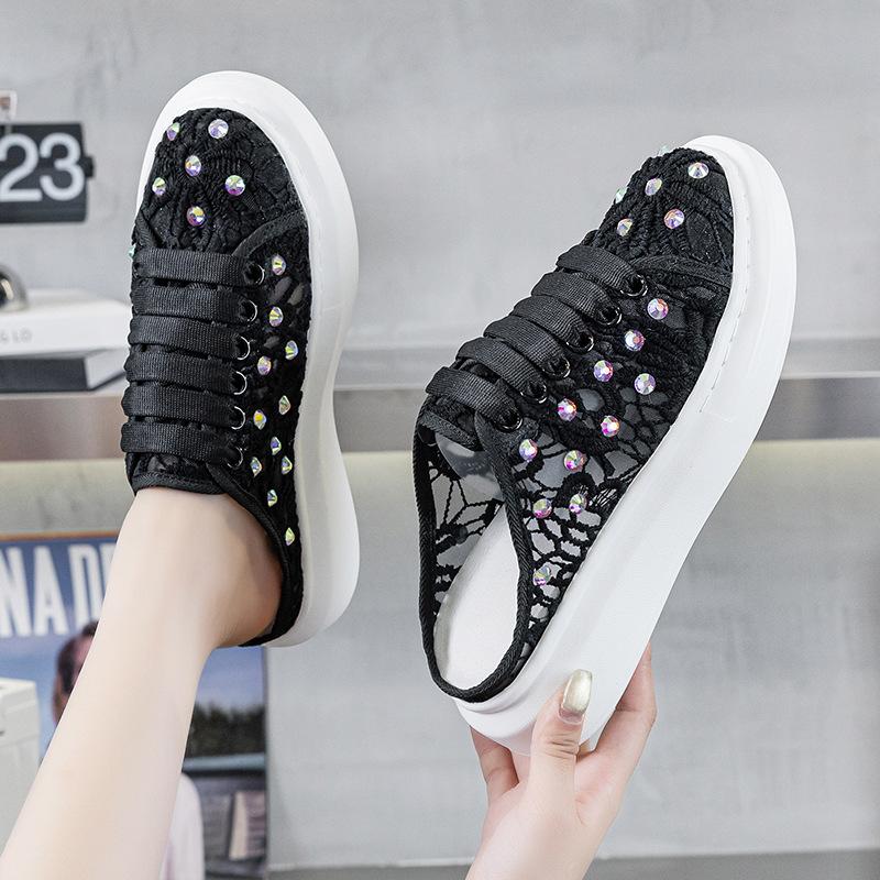 

thick-soled lace rhinestone baotou half slippers women s summer new breathable casual sports little white board shoes slippers 41