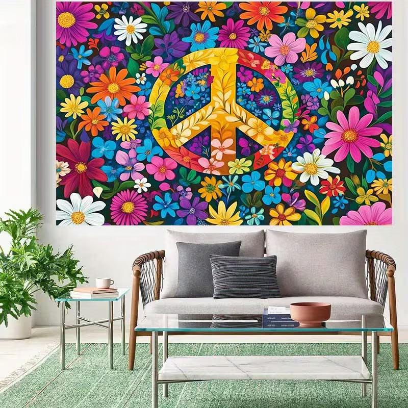 2D Floral Peace Symbol Backdrop with Vibrant Flowers Hippie Party Background