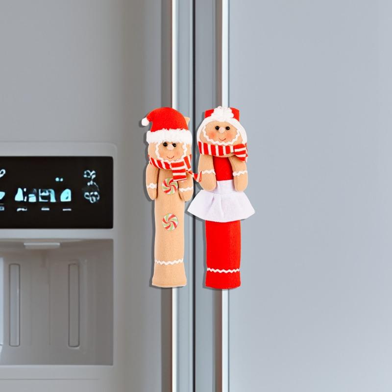 2 Stück/Set Weihnachtsstoff Kühlschrankgriffabdeckungen Lebkuchenmann Cartoon Mikrowellen-Schutz Festliche Küchendekoration