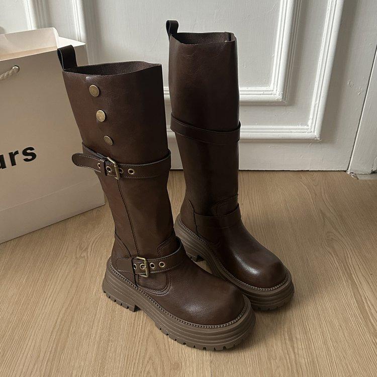 

Natural roll two wear retro two wear British style boots thick-soled boots women s new versatile tall tube thin knight 40 хаки