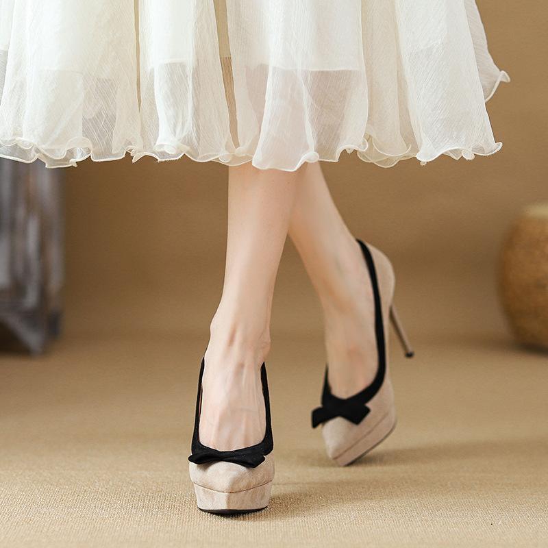 2025 Beautiful Single Shoes Gentle Bow Thin Heel Waterproof Table High Heels with Small Night Shoes