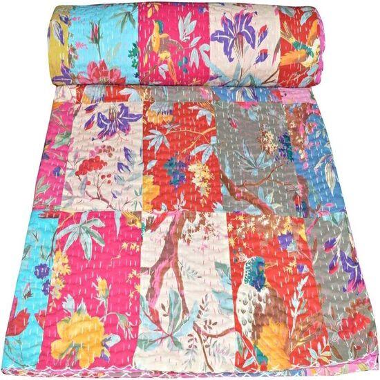Beautiful Handwoven Pure Cotton Bird Print Kantha Quilt , Bedspread,Bed Cover