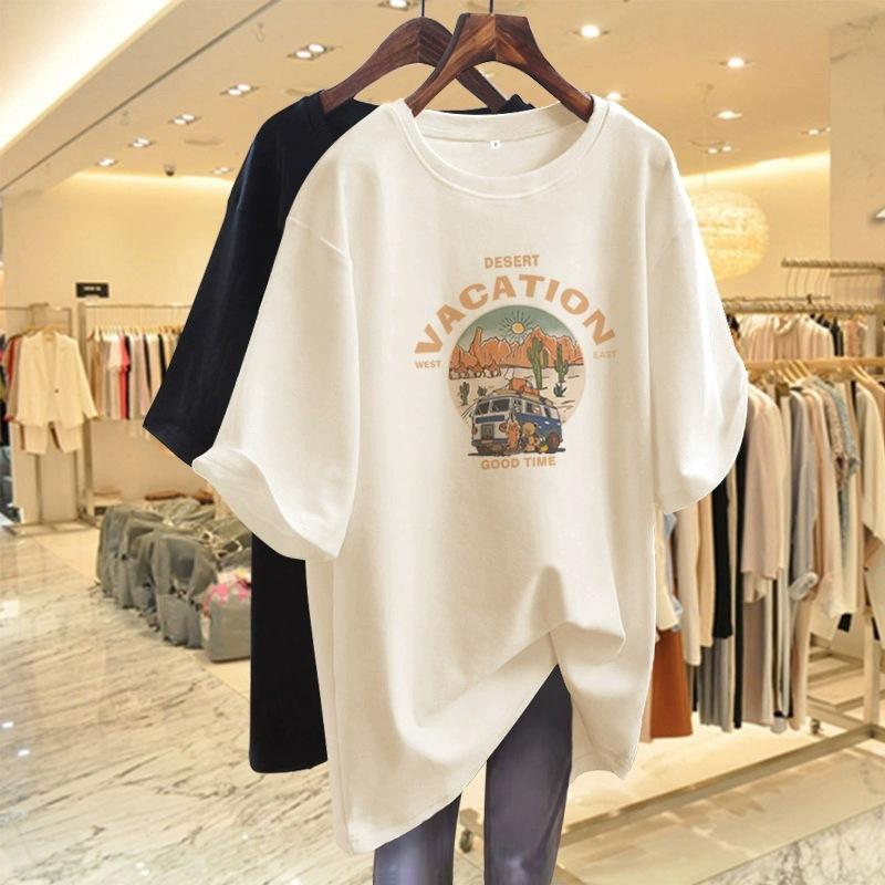 Cartoon Short-sleeved T-shirt Women's Summer New Large Size Loose Medium and Long Half-sleeved T-shirt Pure Cotton Top Bottoming Shirt