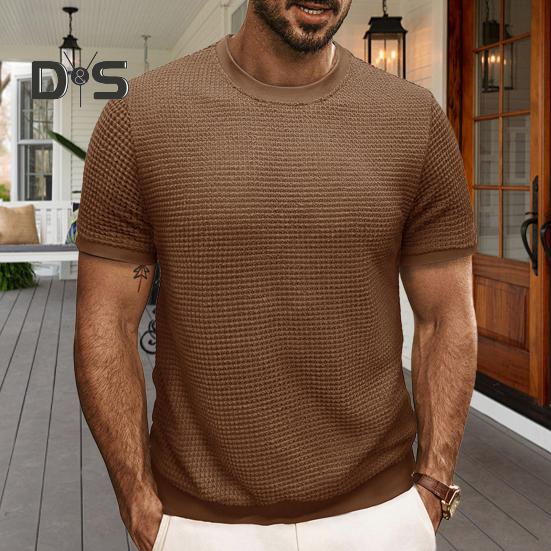 Summer Men Tops Knitted Round Neck Short Sleeves Solid Color Ribbed Elastic T-shirt Slim Fit Pullover Casual Daily Clothes