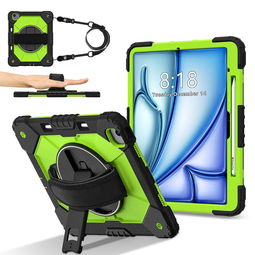 For iPad Air 13 (2025)/(2024) Case Silicone + PC Kickstand Tablet Cover with Handy Strap, Shoulder Strap