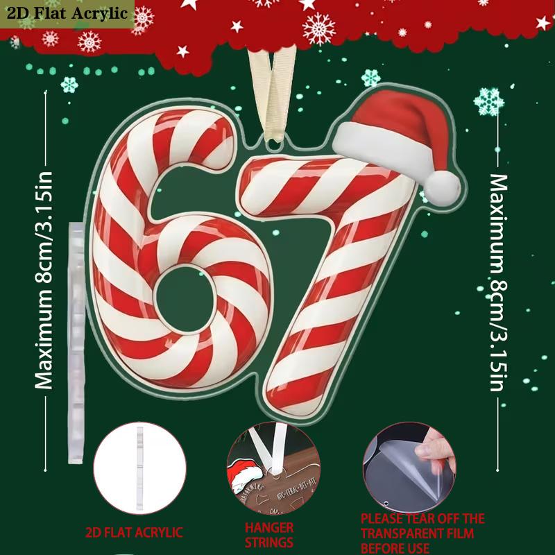2pcs Number 67 Christmas Ornaments, Candy Cane Festive Pattern, Hanging Decor for Xmas Tree or Car Home Holiday Parties Easy To Hang Christmas Gifts