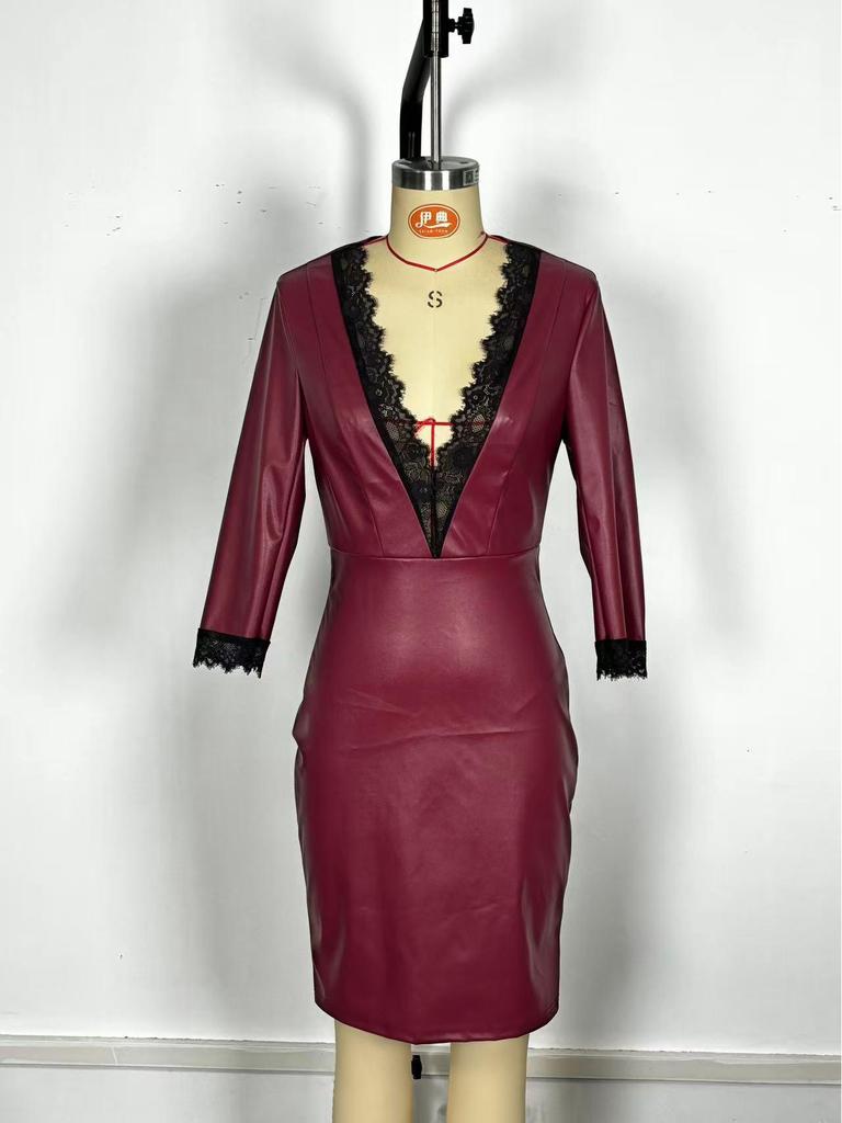 European & American Slim V-Neck Lace-Trim PU Leather Bodycon Dress for Women