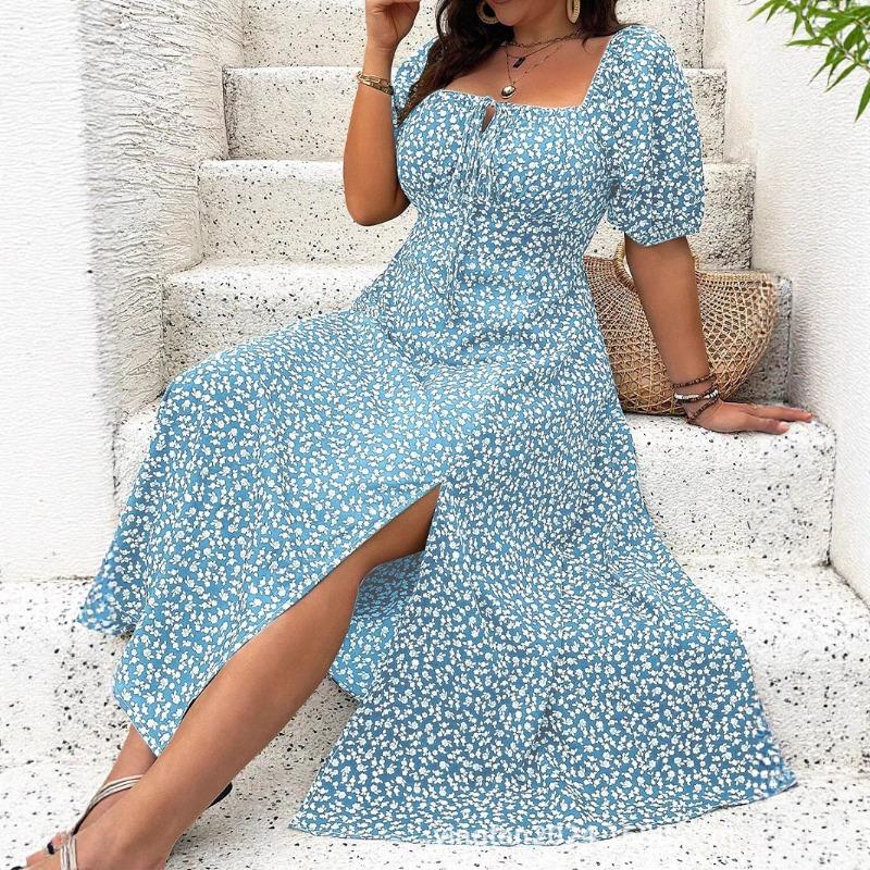 New large size women's clothing large size temperament thin split flower dress summer