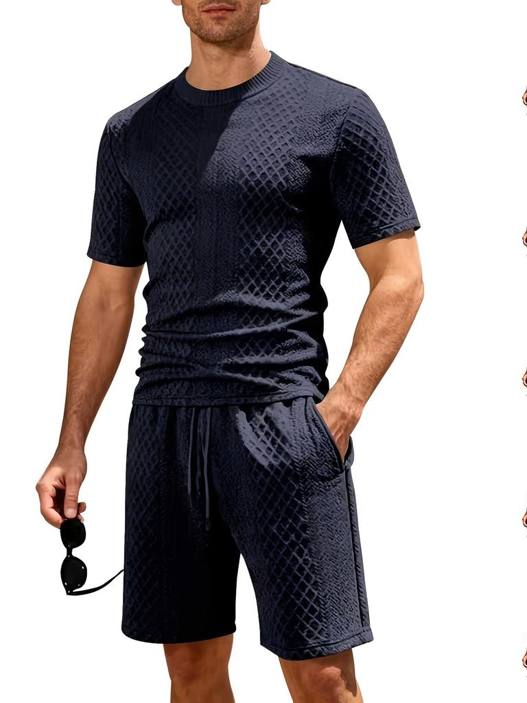 Men Casual Summer Jacquard Short Sleeve Top And Shorts Set