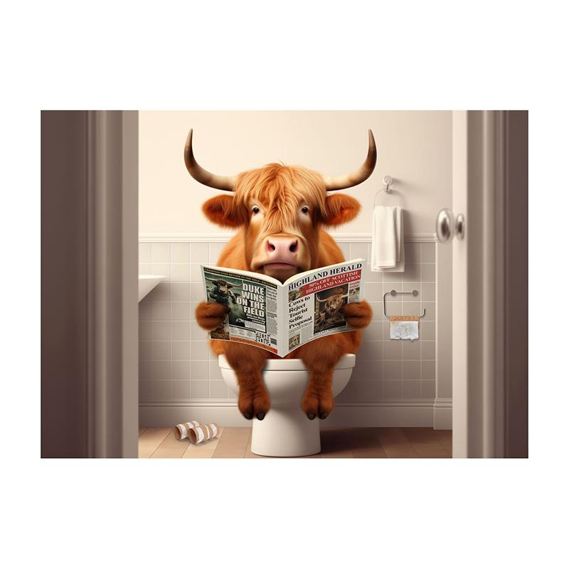 Goldendoodle Monkey Highland Cow On The Toilet Reading Newspaper Poster Animal Print Canvas Painting Funny Bathroom Wall Decor