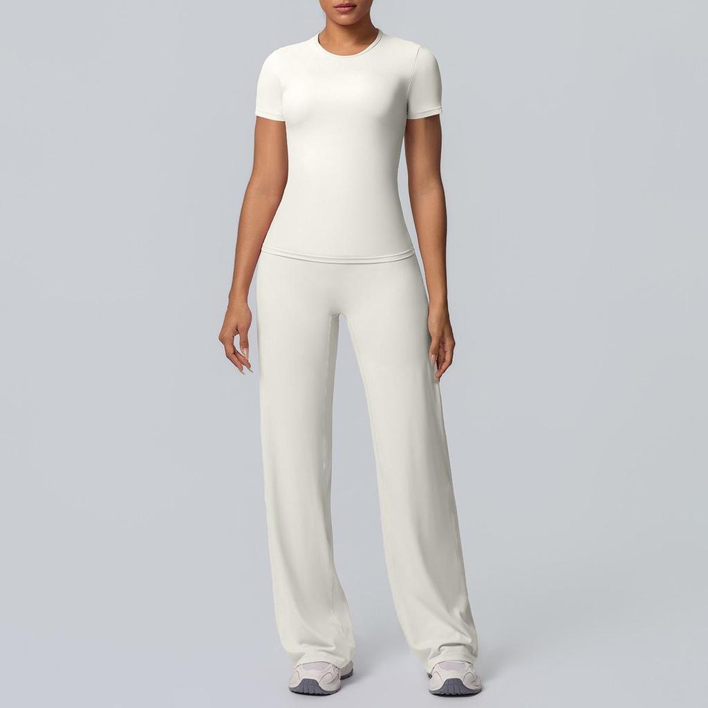 Tvådelad Enfärgad Yoga-dräkt: Dubbelsidig borstad långärmad topp med vida byxor för träning, löpning och fitness