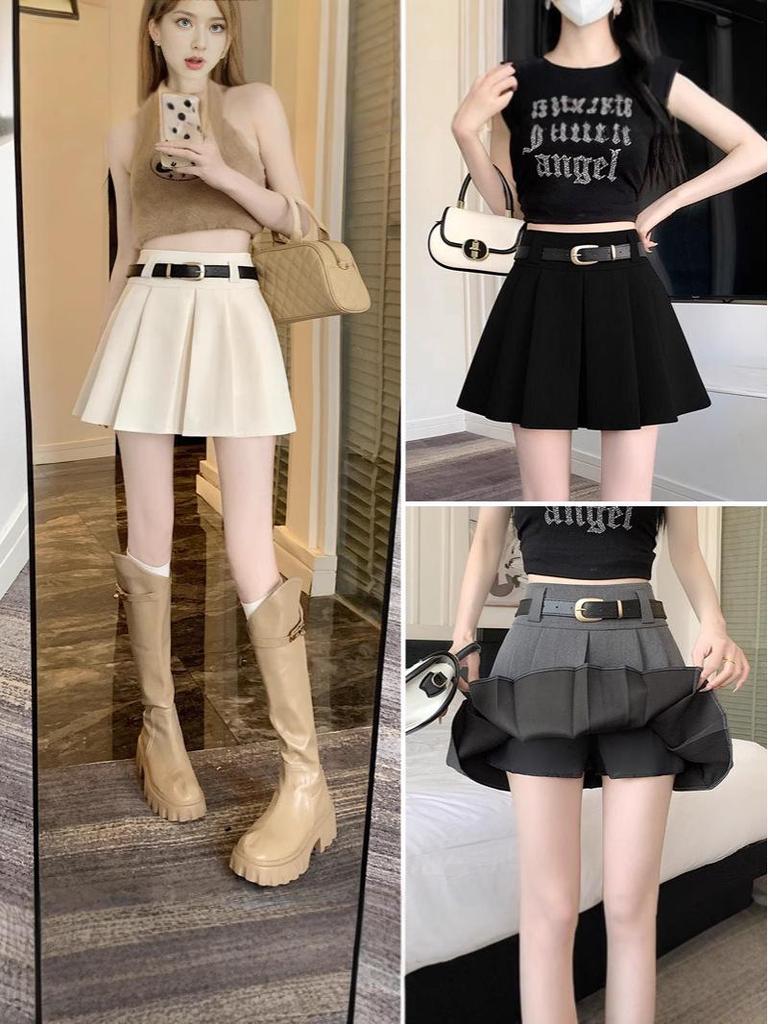 2025 Gray High-Waisted Academy Style Petite Pleated Summer Skirt