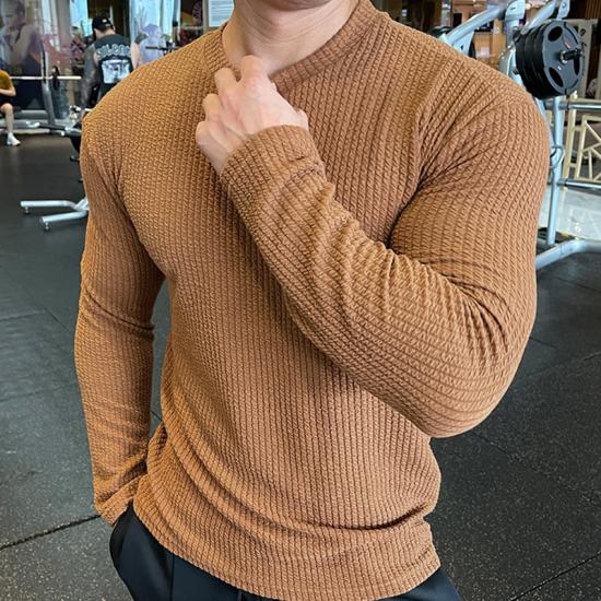 2024 Men Long Sleeves Solid Shirt Fitness Bodybuilding Tees Tops Male Fashion Slim Stripes Tshirts Man Inside Underwear