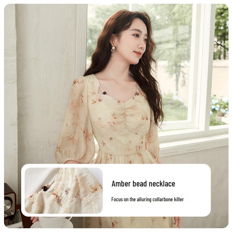 Xiangying French Style Floral V-neck Midi Dress