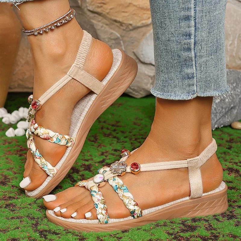 Fashion Bohemian Style Woven Flats Sandals Women Summer Plus Size 36-43 Non Slip Beach Sandles Woman Open Toe Soft Bottom Rome Shoes