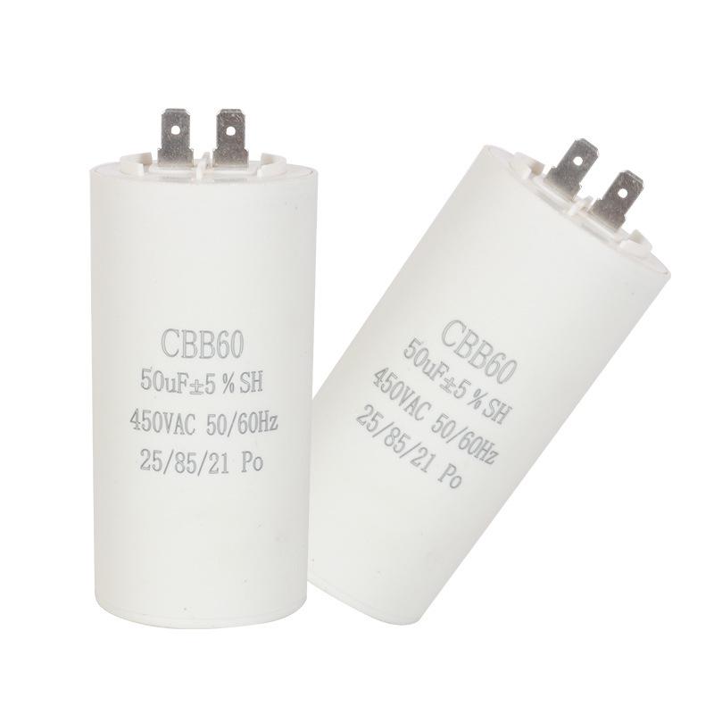 CBB60 Single-Pin Plastic Shell Capacitor for Motor Start 4UF 10UF 450V, Ideal for Washing Machine Water Pumps.