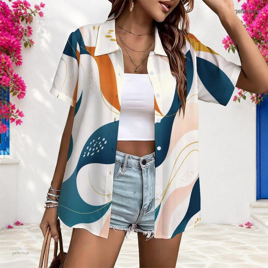 Women Plus Size Short Sleeve Button Up Shirt Abstract Geometric Print Lapel Casual Loose Blouse For Daily Office Wear