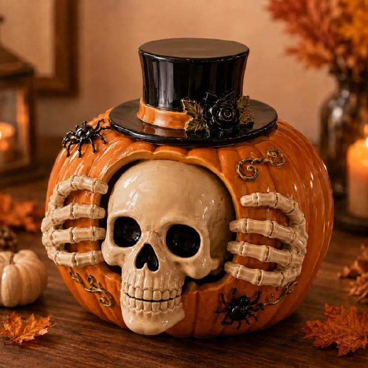 Skull Face Pumpkin Resin Resin Candy Jar Halloween Candy Storage Container for Entry Table Use, Dessert Table Service, Shelf Display, and Small Snack