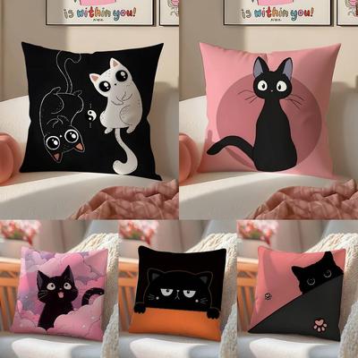 Cartoon Kat Verrassing Bijbehorende Print Kussensloop Comfort Bankbed Zijdeachtig elegant Onzichtbare rits Decoratieve kussenhoes