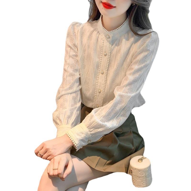 Elegante Moda Mezza Scollatura Camicia Base in Pizzo Donna Primavera e Autunno Temperamento Sottile Blusa a Maniche Lunghe Camicetta Piccola Abiti Personalizzati