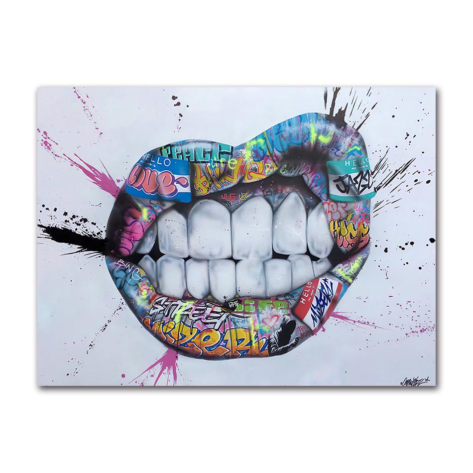 Show Teeth Lips Graffiti Art Painting Street Kiss Posters and Prints Wall Art Picture for Living Room Bedroom