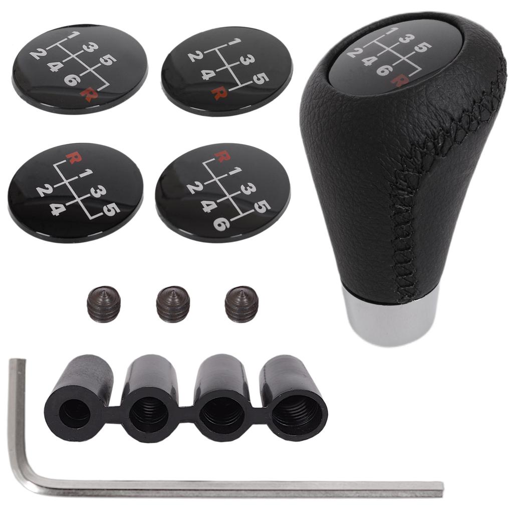 Universal Gear Shift Knob, Black Leather & Chrome, with 5 and 6 Speed Shift Pattern Emblems, Set