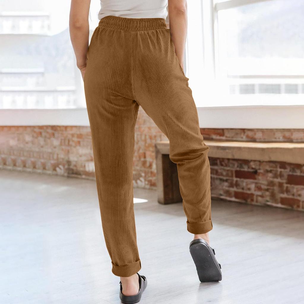 Corduroy Pants For Women Casual Drawstring Elastic High Waist Straight Leg Pants Loose Comfy Trousers With Pockets