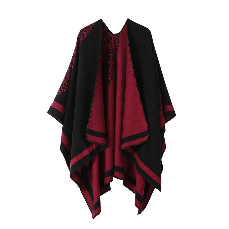 Poncho a mantella aperto davanti a righe floreali nero e grigio, coperta da viaggio a maglia grossa, scialle avvolgente